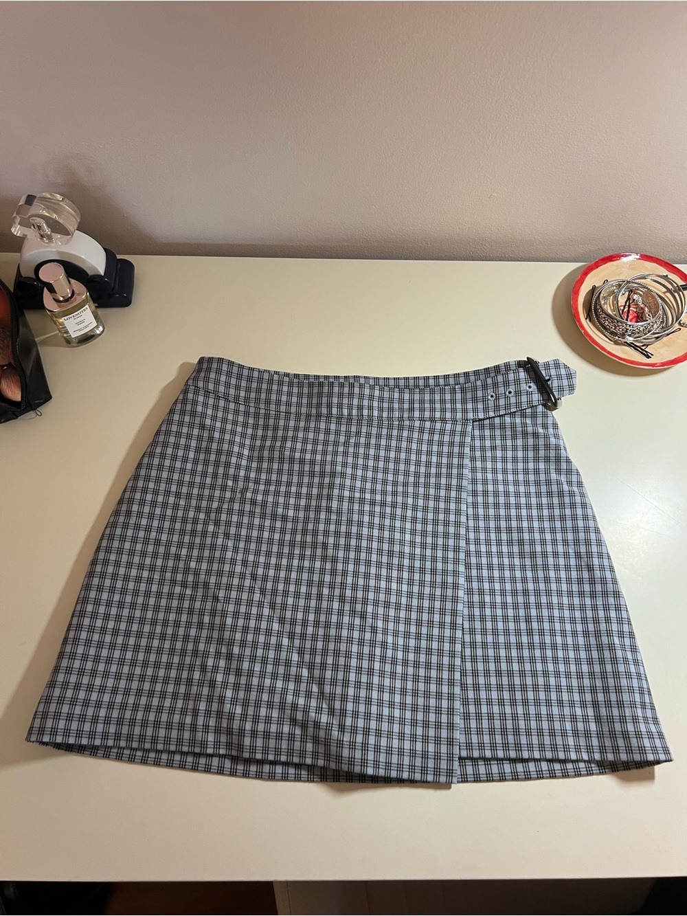 Sunday Best Blue and Black Plaid A-Line Skirt with Buckle Waist